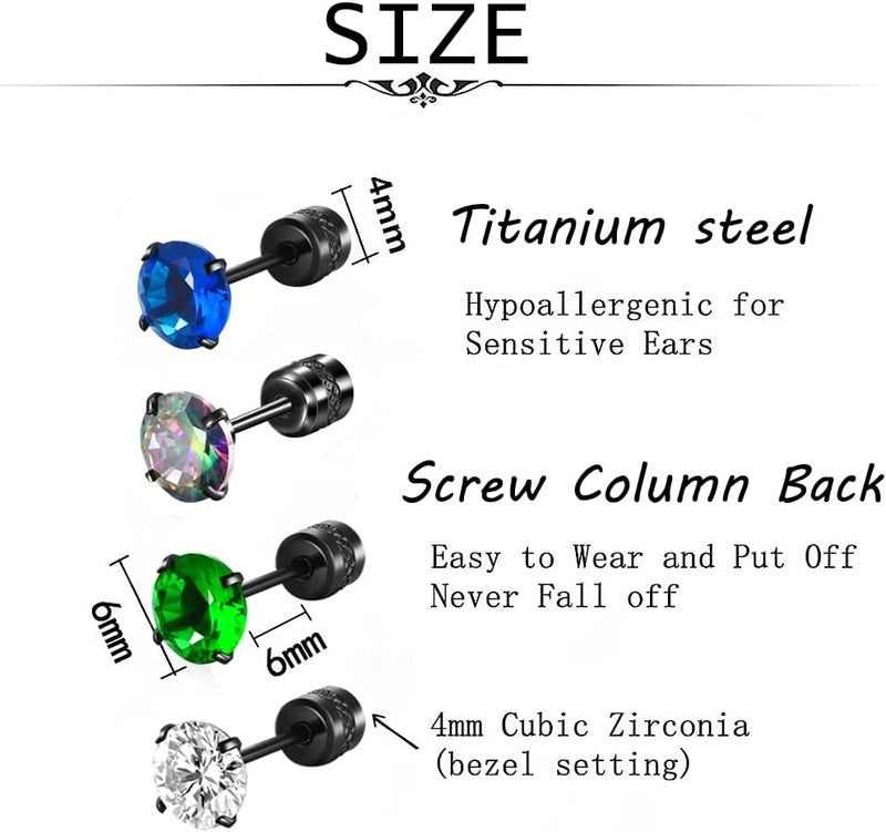 SIISPRI 4 Pairs Titanium Screw Back Surgical Stainless Steel Stud Earrings for Women Men 20G. Rainbow 5A Cubic Zirconia Studs Double Side Earrings Piercing Sleeper Studs Jewelry 6mm - Image 2